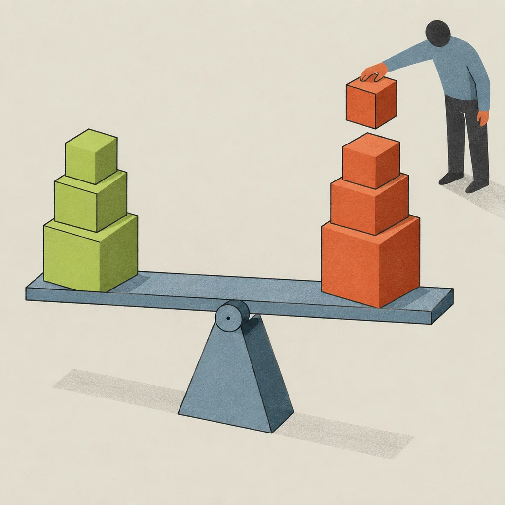 Illustration of a person adding a block to one side of a balance beam.
