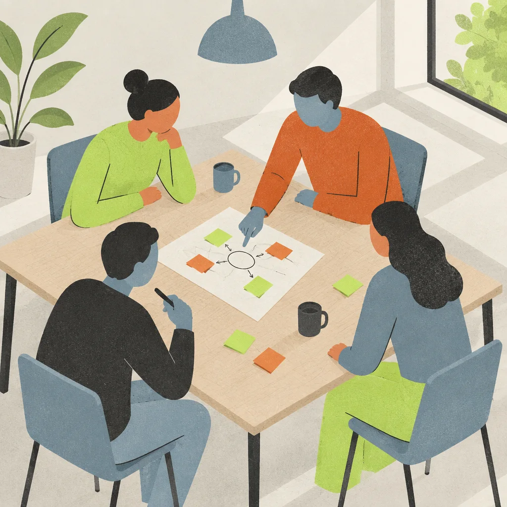 Illustration of four people around a table, working through a plan on paper.